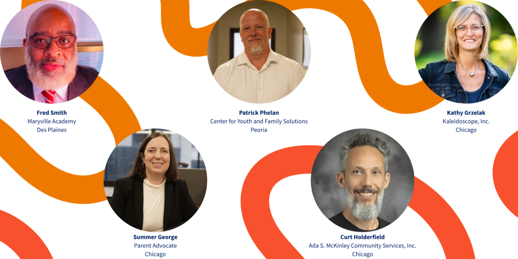 ICOY's newest Board Members: Fred Smith (Maryville Academy in Des Plaines), Patrick Phelan (Center for Youth and Family Solutions in Peoria), Kathy Grzelak (Kaleidoscope, Inc. in Chicago), Summer George (Parent Advocate based in Chicago), and Curt Holderfield (Ada S. McKinley Community Services, Inc. in Chicago).